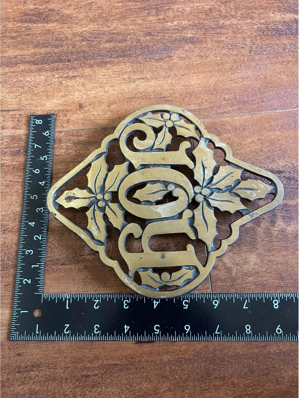 Vintage Cast Iron 'Joy' Trivet with Holly Leaf Design
